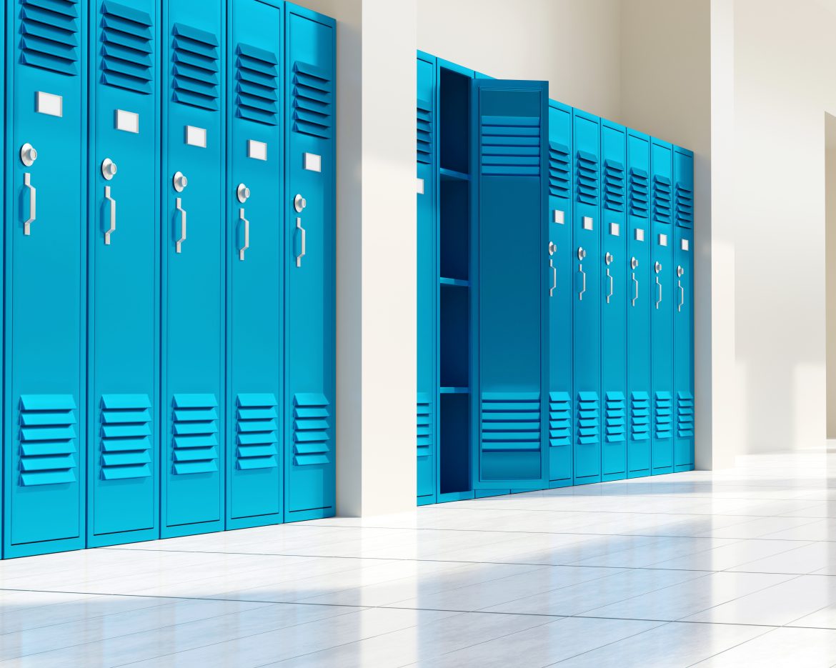 High school hall locker. Education building interior, empty corridor
